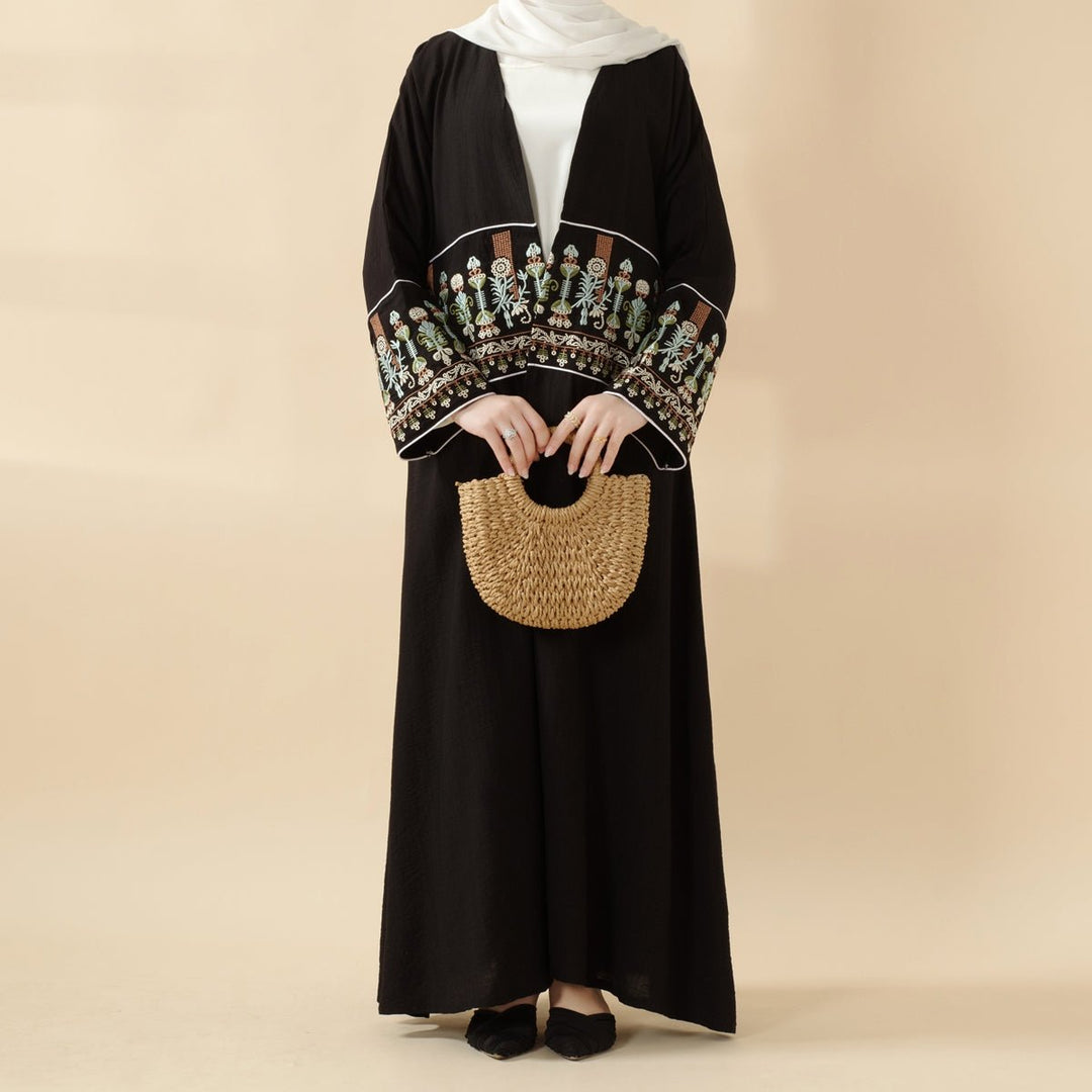 Floral Embroidered Crepe Open Abaya (ABA128)