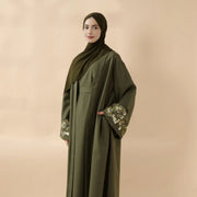 Olive Branch Embroidered Linen Abaya Set With Matching Belt & Hijab (ABA037)
