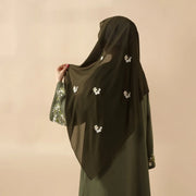 Olive Branch Embroidered Linen Abaya Set With Matching Belt & Hijab (ABA037)