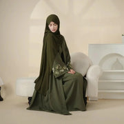 Olive Branch Embroidered Linen Abaya Set With Matching Belt & Hijab (ABA037)