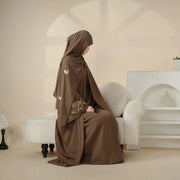 Olive Branch Embroidered Linen Abaya Set With Matching Belt & Hijab (ABA037)